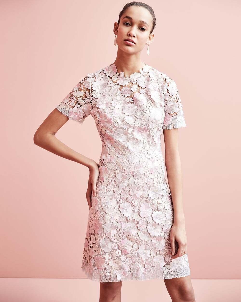ELIE TAHARI Laura Metallic Pink Purple Guipere Lace Mini Shift Dress, Size 14